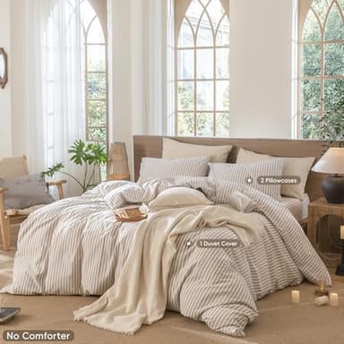 MooMee Striped Duvet Cover Set 100% Washed Cotton Linen Like Textured Breathable Durable Soft Comfy (Tannish Linen Grey White Classic Stripes, Super Queen 90"x98") - Image 2