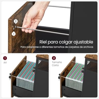 VASAGLE File Cabinet, Mobile Filing Cabinet on Wheels, for Home Office, 2 Lockable Drawers, for A4, Letter-Size Hanging File Folders, Open Shelf, Steel Frame, Rustic Brown and Ink Black UOFC077B01 - Image 6