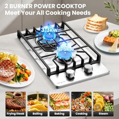 2 Burner Propane Stove, Hibghse 12 Inch Gas Cooktop Built-in Gas Stove NG/LPG Convertible Stainless Steel Stove Burner with Thermocouple Protection for Kitchen, Apartment, Outdoor, RVs - Image 3