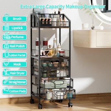 HapiRm Makeup Organizer Storage Cart - Floor Skincare Make Up Storage with 4 Drawers, Rolling Makeup Cart Vanity Organizer Cosmetics Display Cases Holder for Skin Care Perfume Nail Polish - Image 6