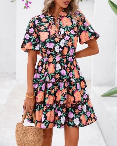 BTFBM Women Summer Floral Short Dresses V Neck Short Sleeve Tiered Ruffle Boho Swing Dress A-Line Mini Dresses(Black Orange Yellow Floral,Small) - Image 2