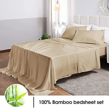 David's Home 100% Rayon Derived from Bamboo Cooling Sheets Set,Luxury Silky Soft Breathable for Hot Sleeper, 16" Deep Pocket Sheets with Pillowcase for Spring Summer,Twin,Khaki - Image 2