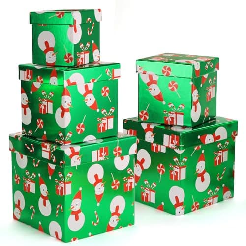 PAPER FAIR 5PCS Christmas Snowman Nesting Gift Boxes Set, Green Foil Mirror Candy Cane Lollipop Square Cardboard Nested Box w/Lid, for Gift Wrapping Holiday Present Birthday, Assorted Size - Image 1