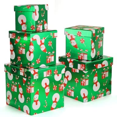 PAPER FAIR 5PCS Christmas Snowman Nesting Gift Boxes Set, Green Foil Mirror Candy Cane Lollipop Square Cardboard Nested Box w/Lid, for Gift Wrapping Holiday Present Birthday, Assorted Size - Image 1