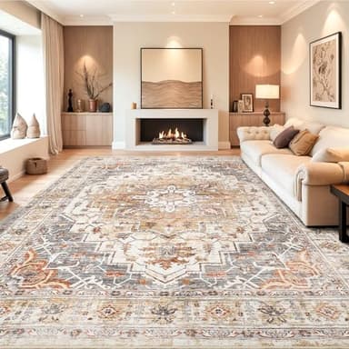 befbee 9x12 Area Rugs for Living Room,Ultra-Thin Washable Rug, Non-Slip Lightweight Foldable Area Rug, Stain Resistant Vintage Large Rugs(Turmeric/Grey, 9'x12') - Image 1