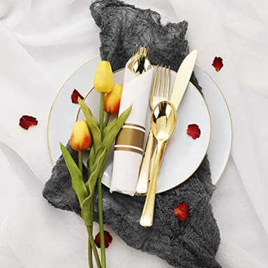 Supernal 60 Pack Pre Rolled Napkins with Gold Plastic Silverware, Premium Disposable Gold Wrapped Cutlery Set Includes: 60 Forks 60 Knives 60 Spoons 60 Napkin for Party - Image 6
