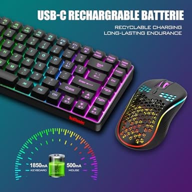 RedThunder K84 Wireless Keyboard and Mouse Combo, Rainbow Backlit Rechargeable Battery, 75% Layout TKL Ultra Compact Gaming Keyboard & Lightweight 3200 DPI Honeycomb Optical Mouse (Black) - Image 5