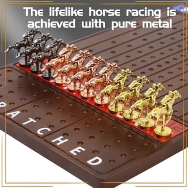 Jyquorp Metal Horse Race Board Game Racing Game Thickened Solid Wood with 11 Luxurious Durable Classic Metal Horses with 2 Dice and 2 Boxes of Cards Horse Racing Game (Walnut,Rectangle) - Image 2