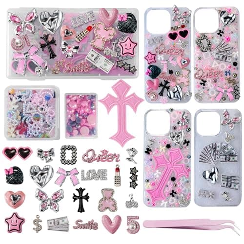 XHYMIA Junk Case Charms Kit, Junk Phone Case with Big Charms, Nail Bow Pearl Flatback Resin Charm for DIY Crafts Silver Pink - Image 1
