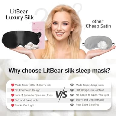 LitBear 100% 22 Momme Mulberry Silk Sleep Mask - 3D Contoured Eye Mask for Men & Women, Soft Breathable Sleeping Mask with Adjustable Strap, Perfect Blocks Light for Sleeping (Black) - Image 9