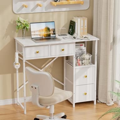 3IngSeagulls Small Computer Desk with 4 Fabric Drawers, Simple Writing Desk for Home Office, Compact Study Desks for Small Spaces, Kids Desk Study for Bedroom, White - Image 6