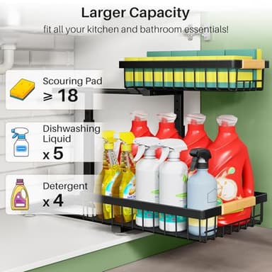 Under Sink Organizer, 2 Packs 2 Tier Under Sink Organizers and Storage, Slide out Pull out Cabinet Organizer Shelf, Metal Sliding Drawer for Kitchen Bathroom Pantry Cabinet Closet Organization Rack - Image 3