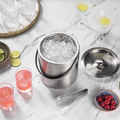 FineDine Double-Wall Stainless Steel Insulated Ice Bucket with Lid & Ice Tong [3 Liter] Included Strainer Keeps Ice Cold & Dry, Carry Leather Handle, Home Bar, Chilling Beer, Champagne, Wine Bottle - Image 2