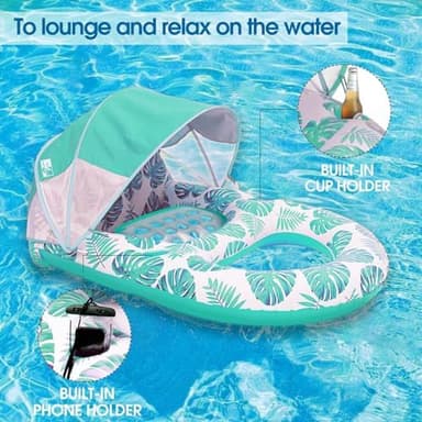 Pool Lounge Float with Canopy UPF50+,Extra Large Pool Floats for Adults Heavy Duty,Inflatable Lounger Float with Cup Holder & Backrest,Footrest - Image 6