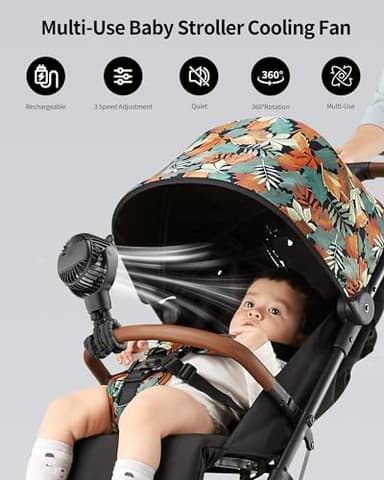 GOTOTO Baby Stroller Fan, Rechargeable Portable Fan with 2000 mAh Battery Operated,3 Wind Speed,360-Degree Rotation,Ultra-Low Noise Level,Safe mini fan for your baby - Image 2