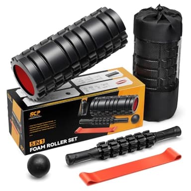5 in1 Foam Roller Set, Trigger Point Foam Roller, Massage Roller Stick, Massage Ball, Resistance Band for Deep Muscle Massage Pilates Yoga,Fitness Exercise for Whole Body (Black-Red) - Image 9