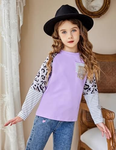 Arshiner Girls t Shirts with Pocket Design Color Block Cute Tops for Girls Purple Purple 10-12 Years - Image 2