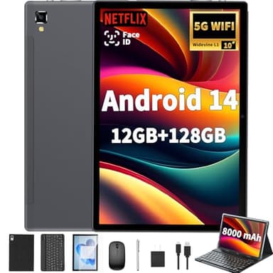 Android 14 Tablet with Keyboard - 10 inch Tablet, 12GB RAM, 128GB ROM (1TB Expand), 5G/2.4G WiFi, 8000mAh, BT 5.0, GMS Certified, with Mouse, Case, Stylus, Support Split screen, Face ID(Black) - Image 1