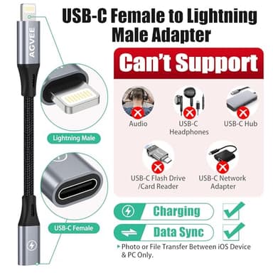 AGVEE 2 Pack 4 inch USB-C Female to Lightning Male Adapter, 30W Fast Charging Charger Converter for iPhone 14 13 12 11 Airpods iOS Device Carplay, Not for Audio, Dark Gray - Image 2