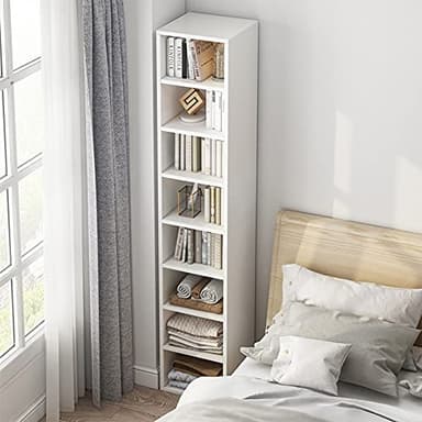 IOTXY Small Narrow Corner Bookcase - 59 Inches Tall Gap Freestanding Storage Cabinet, 7 Lattices Open Shelves Tower Rack, Cubes Bookshelf in White - Image 7
