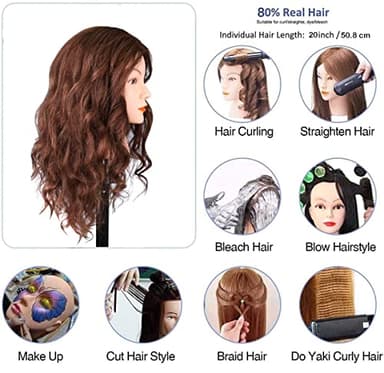 Mannequin Head with 100% Human Hair, SZCY LLC 18" Dark Brown Real Hair Cosmetology Mannequin Head Hair Styling Hairdressing Practice Training Doll Heads with Clamp Holder and Tools - Image 3