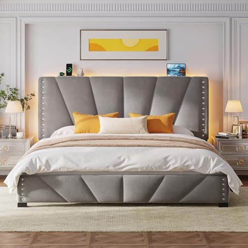 EnHomee King Size Bed Frame, Velvet Bed Frame with Headboard and Led Light, Platform Bed Frame for Bedroom Apartment, Dorm, Noise-Free, Easy Assembly, Dark Gray - Image 1