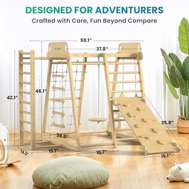 Upgraded Indoor Jungle Gym 9-in-1 Playground Kids Climbing Toys, Montessori Philosophy Waldorf Style Wooden Climber Playset with Slide, Swing, Monkey Bars, Upright/Rope Ladder, Climb Net, Natural Wood - Image 2