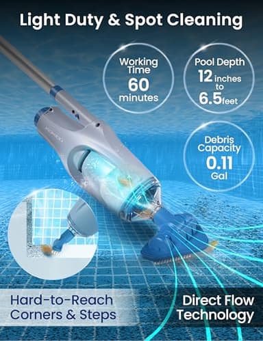 KOKIDO (2025) Rechargeable Handheld Pool Spa Vacuum, Aluminum Pole and 2 Brush Heads, Ideal for Pools up to 20ft, Cordless 60 mins Spot Cleaning, Above Ground Pool, Hot Tub & Spa XV110 - Image 3