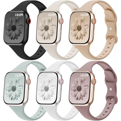 6 Pack Thin Bands Compatible with Apple Watch Band 38mm 40mm 41mm 42mm 44mm 45mm 46mm 49mm Women Men, Sport Silicone Strap Slim Wristband for iWatch Series 11 10 9 8 SE 7 6 5 4 3 2 1 Ultra - Image 1