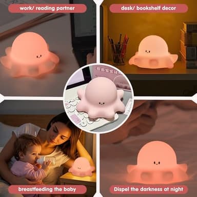 YR YRHH-PET Pink Octopus Night Light,LED Squishy Novelty Animal Cute Lamp, Food Grade Silicone Nightlight, 3 Level Dimmable, Light Up Octopus Decor for Room College Dorm, Boy Girl Gifts - Image 5