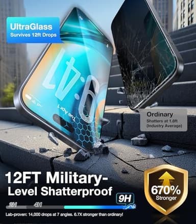 UltraGlass TOP 9H+ Armor for iPhone 17 Pro Privacy Screen Protector [NO.1 Military Grade Shatterproof] Privacy Screen iPhone 17 Pro Tempered Glass [100% Anti-Spy] Longest Durable, 2 Pack, 6.3'' - Image 6