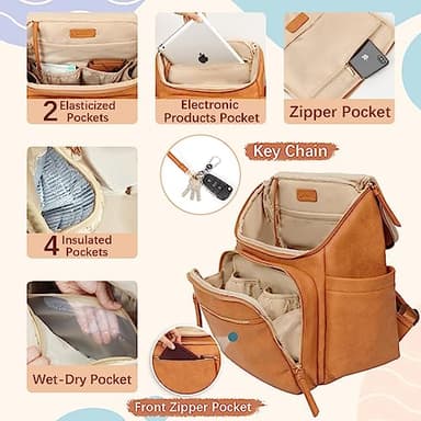 Omanmoli Diaper Bag Backpack Large Baby Diaper Bag Leather with 17 Diaper Bag Organizing Pouches,Changing Pad,Stroller Straps,4 Insulated Pockets,Honey - Image 4