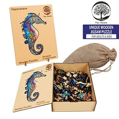 Mys Aurora Unique Wooden Jigsaw Puzzles - Unicorn Seahorse, 300 Pcs King Size 11.4" x 17.9", Animal Shaped Wood Puzzle, Beautiful Package, Best Gift for Adults and Kids, Family Game - Image 5