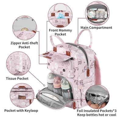 Diaper Bag Backpack for Baby Girl, Multifunction Waterproof Diaper Bag for Mom Dad, Large Pink Floral Baby Diaper Bags, Baby Essentials Travel Bag with Stroller Straps, Large Capacity, Stylish - Image 4
