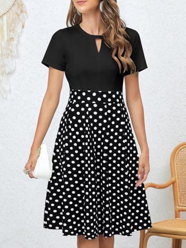 YATHON Women's Vintage Fit and Flare Cocktail Dresses Retro Black White Polka Dot Print Summer Aline Casual Work Swing Dress with Pockets (L, YT018-Black Dot) - Image 5