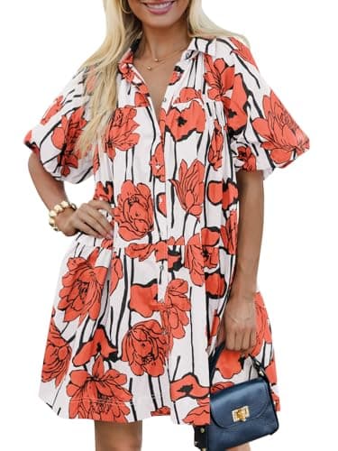 Wenrine Women's Summer Button Down Shirt Dress Floral Puff Short Sleeve Casual Loose Fit Beach Mini Dresses Orange - Image 1