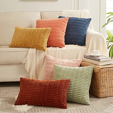 Fancy Homi 4 Packs Sage Green Decorative Throw Pillow Covers 12x20 Inch for Living Room Couch Bed Sofa, Rustic Farmhouse Boho Home Decor Soft Plush Striped Corduroy Square Cushion Case 30x50 cm - Image 6