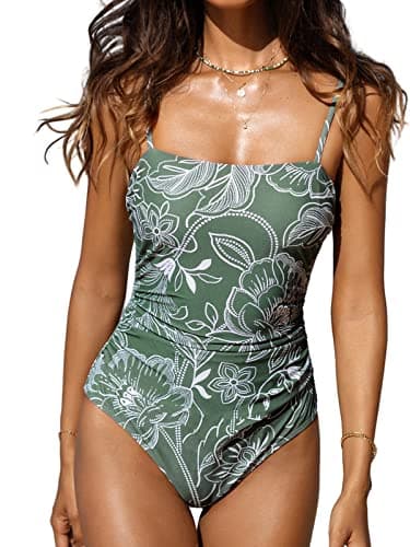 CUPSHE Women Swimsuit One Piece Bathing Suit Square Neck Cutout Back Tummy Control with Adjustable Spaghetti Straps, L Green Floral - Image 1