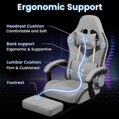 N-GEN GAMING Video Gaming Chair Office Computer Desk Use Ergonomic Reclining Backrest Adjustable Armrests Lumbar Support Footrest High Density Foam Breathable Fabric Heavy Duty Base (Grey) - Image 5