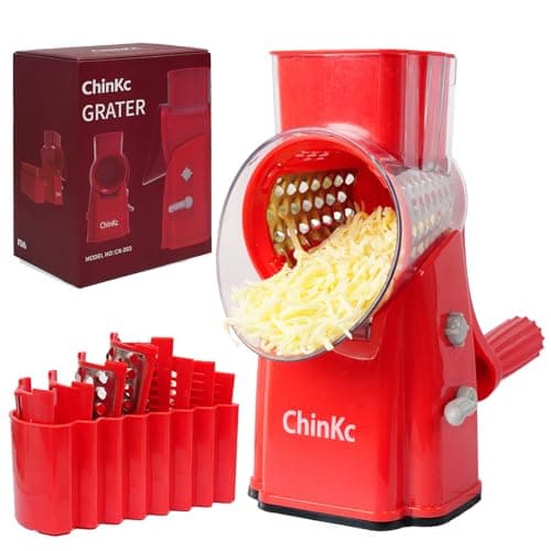 ChinKc Rotary Cheese Grater Shredder - Upgraded 5 in 1 Cheese Grater with Handle and Strong Suction Base, Multi-purpose Julienne Slicer Ice Shaver Nuts Grinder for Ice, Vegetables, Fruit, Nuts - Image 1