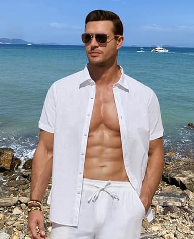 DEMEANOR White Linen Shirts for Men Short Sleeve Button Down Shirts Summer Beach Casual Linen Button Up Shirt Vacation - Image 2