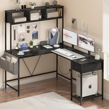 Yoobure L Shaped Desk Gaming Desk with LED Strip & Power Outlet, Reversible L-Shaped Computer Desk with Storage Shelf & Drawer, Corner Desk with Storage Bag, 2 Person Home Office Desk, Black - Image 2