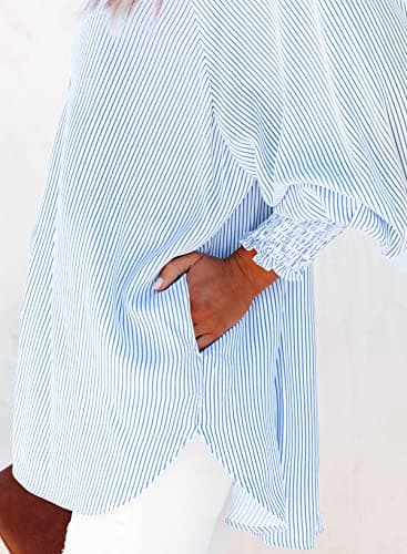Womens Smocked Cuffed Striped Boyfriend Shirt Casual Collar Long Sleeve Oversized Button Down Blouse Tops with Pocket Shirred Blue - Image 5