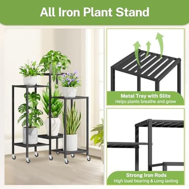 iDavosic.ly 6 Tier Plant Stand Indoor with Wheels, Metal Tiered Corner Flower Holder Shelf Outdoor for Large Pots, Tall Rolling Rack for Patio Porch Garden Balcony Living Room, Modern Black - Image 4