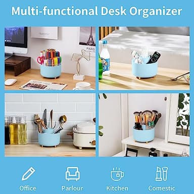 Marbrasse Desk Organizer, 360-Degree Rotating Pen Holder, Desk Organizers and Accessories with 5 Compartments Pencil Holder, Art Supply Storage Box Caddy for Office, Home（Light Blue） - Image 2