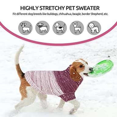 Queenmore Knitted Pullover Dog Sweater, Turtleneck Pet Cat Sweater, Cold Weather Puppy Clothes Stitching Knitwear with Leash Hole for Small Medium Dogs（Purple,L） - Image 5