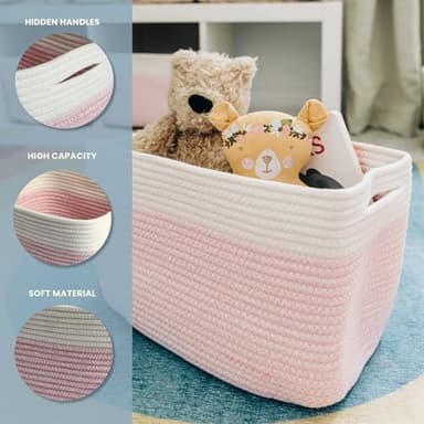 OrganiHaus Woven Storage Baskets for Organizing, Cotton Rope Organizer Bins for Shelves, Closet & Nursery, Dog Toy Basket, Decorative Bins for Toys, Towels & Books - 15x10x9, Pink/Off-White - Image 3