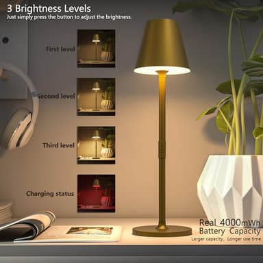 Timjorman LED CordlessTable Lamp,4000mAh Rechargeable Battery Desk lamp,3 Level Brightness Portable Night Light, Minimalist Design, for Couple Dinner/Coffee Table/Restaurant/Bedroom(Bronze) - Image 2