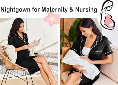 Ekouaer Nightgowns for Women Button Down Nightshirt Short Sleeve V Neck Nightdress Classic Boyfriend Sleepshirt Black S - Image 4