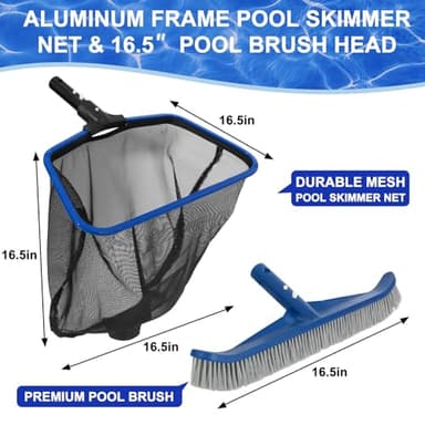 POOLAZA Aluminum Frame Pool Skimmer Net & 16.5'' Pool Brush Head, Deep Bag Pool Net Skimmer & Pool Brushes for Cleaning Pool Walls, Professional Pool Cleaning Kit for Above Ground Pool &Inground Pools - Image 2